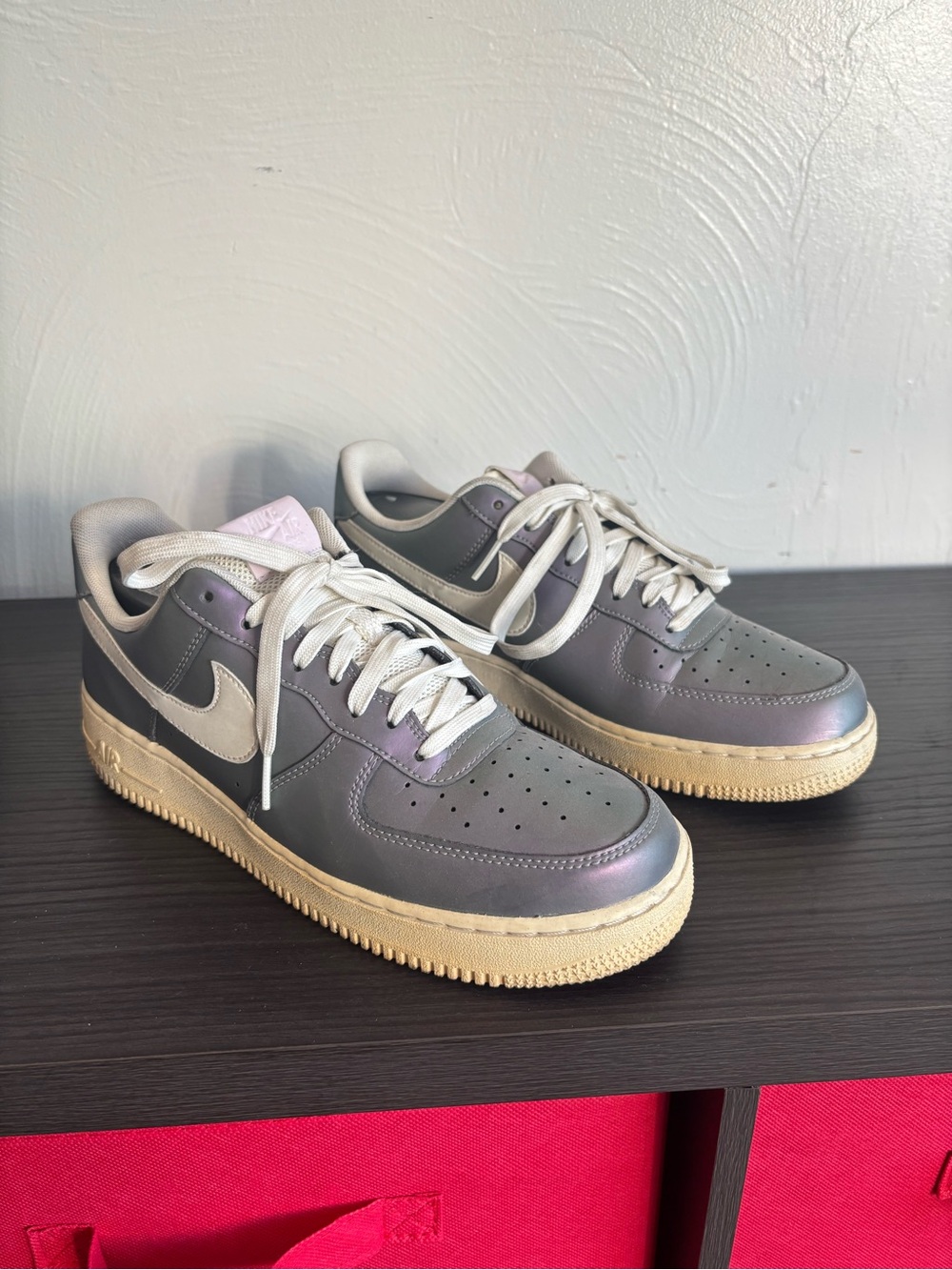 Nike Iridescent Gray Leather Low-Top Sneakers with Cream Sole